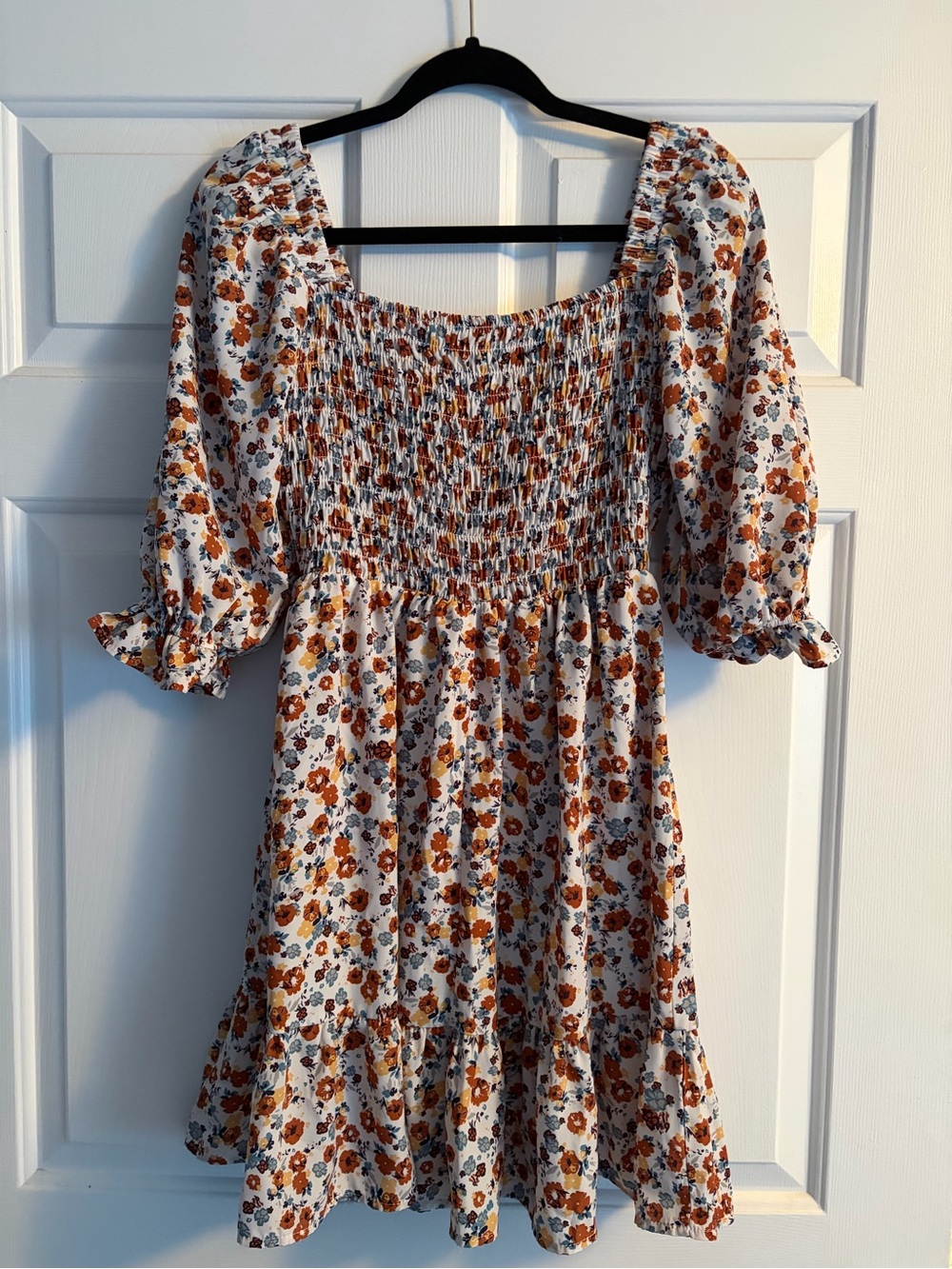 Floral Smocked Mini Dress - White & Burnt Orange